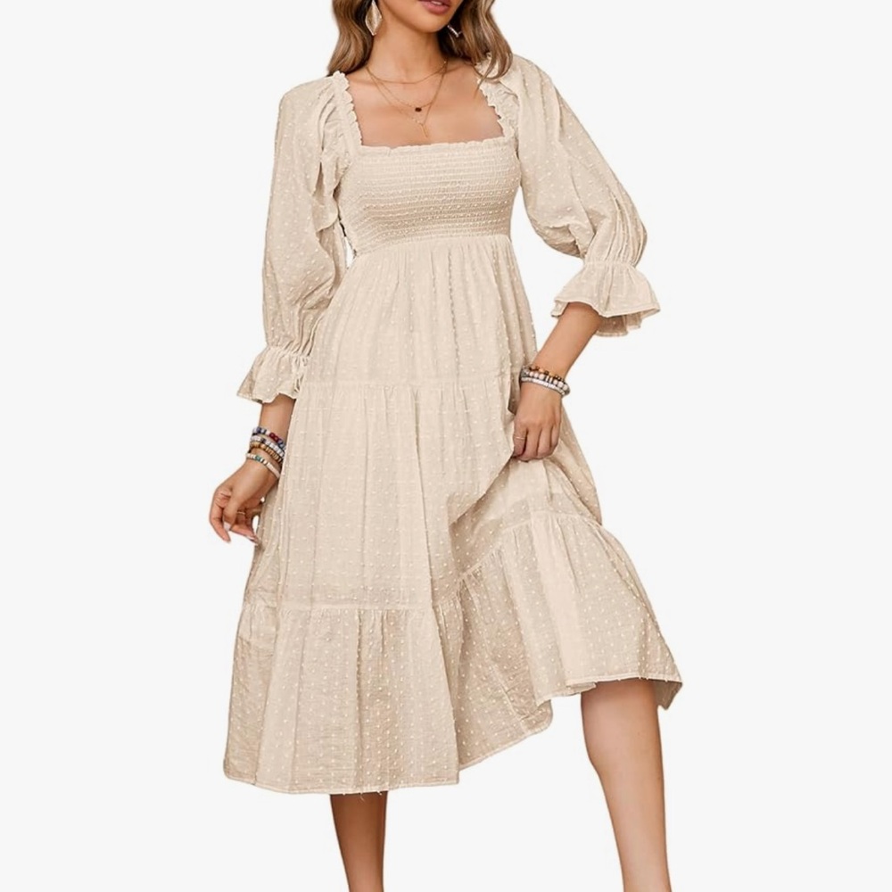 NWT Women's Summer Cotton Plaid Puff Sleeves Bow Off-Shoulder Boho Midi Dress - Picture 3 of 12